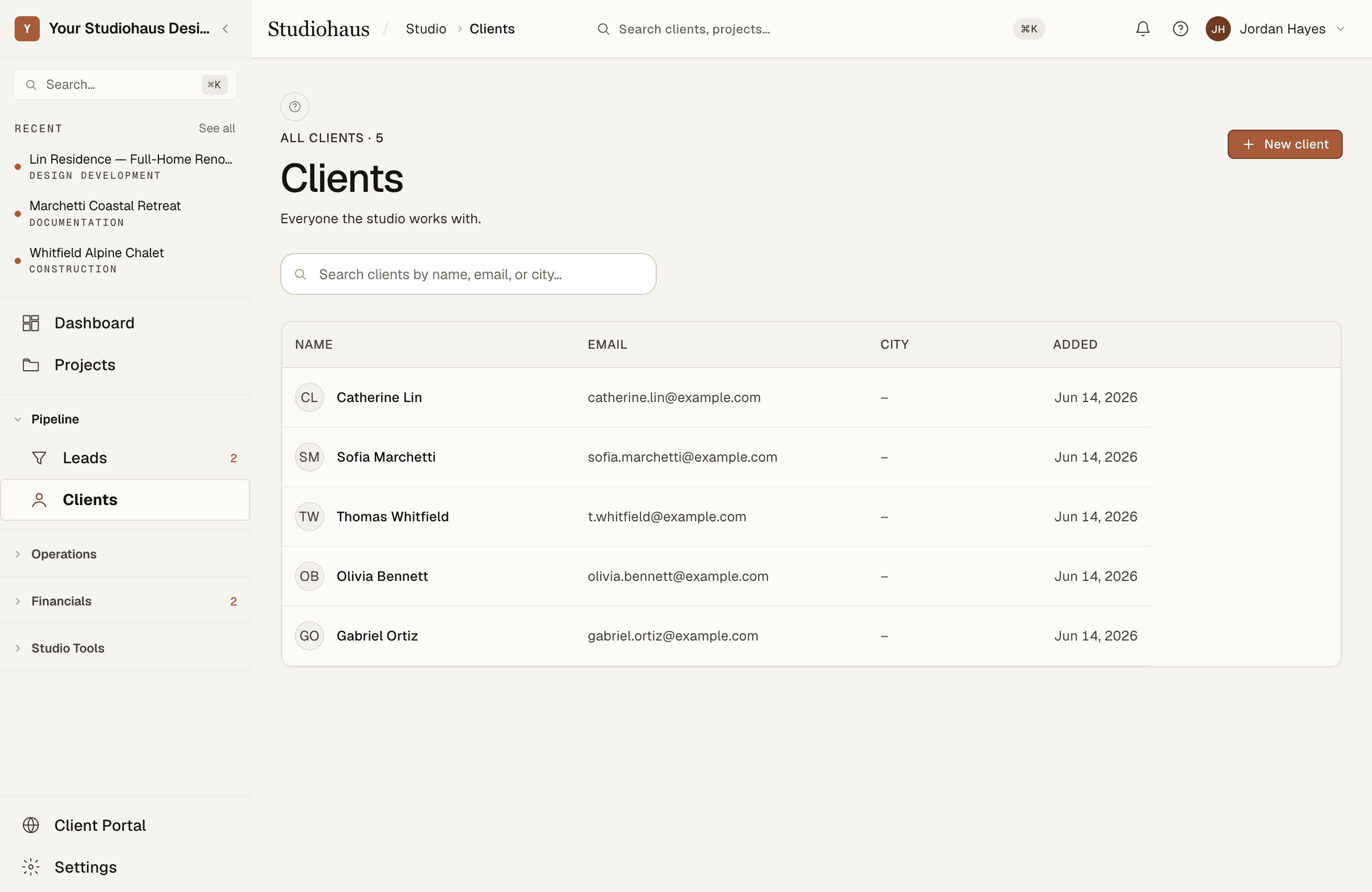 The Studiohaus app — full studio view with sidebar navigation and the client list
