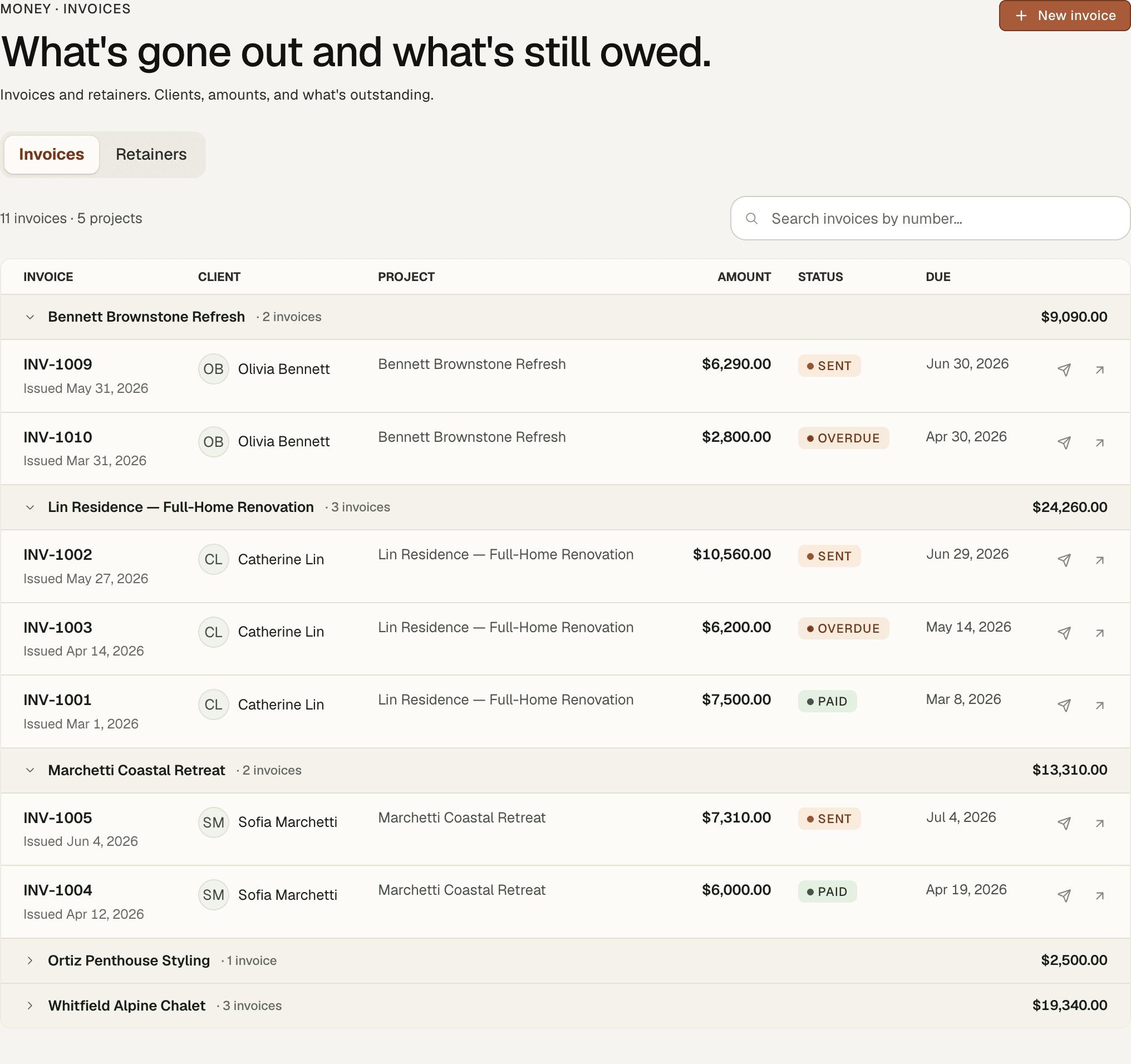 Studiohaus invoices grouped by project, showing amounts, status pills and due dates