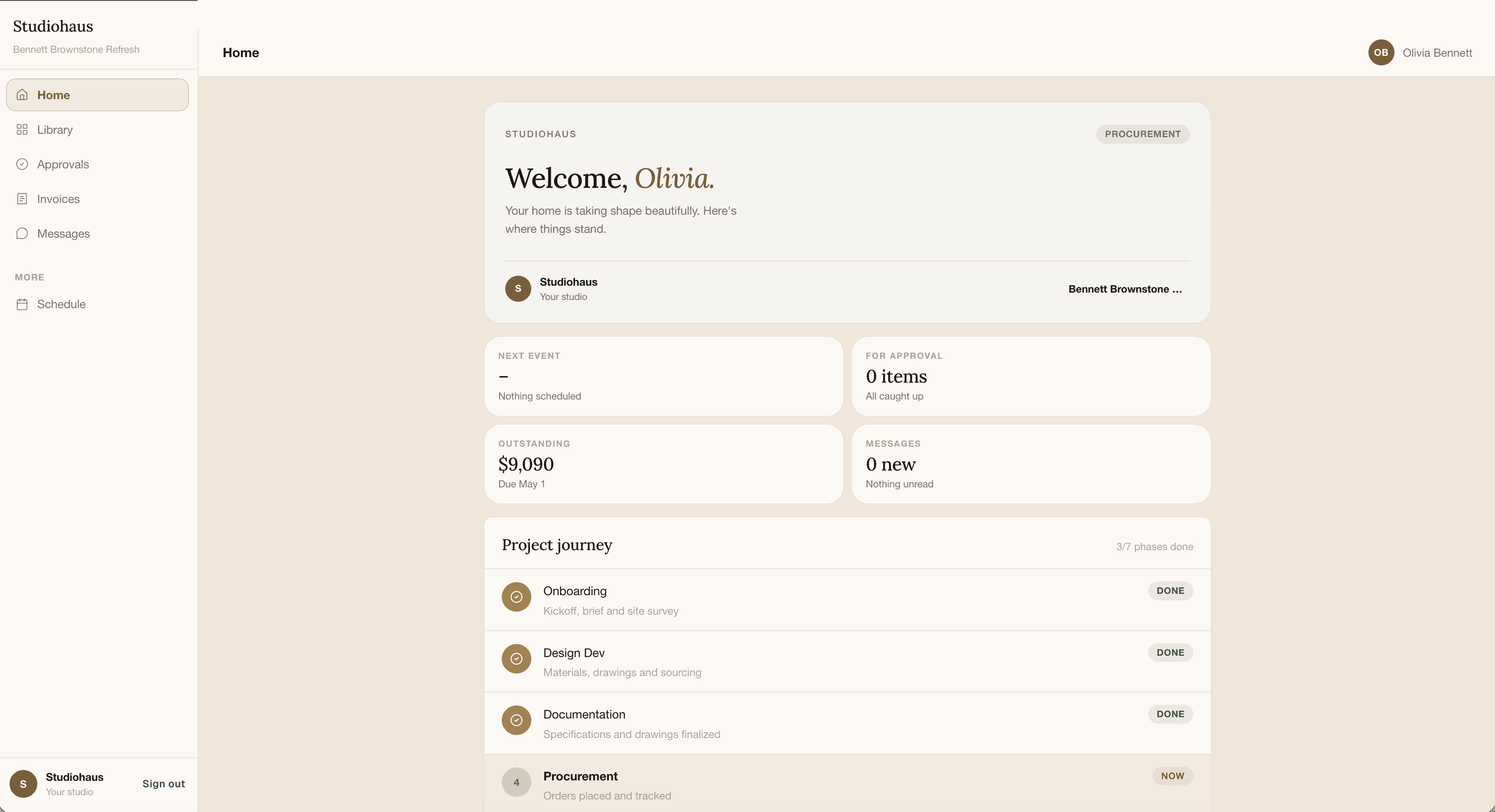 A Studiohaus client portal — the client's branded home with a welcome, outstanding balance, messages and a project-journey timeline