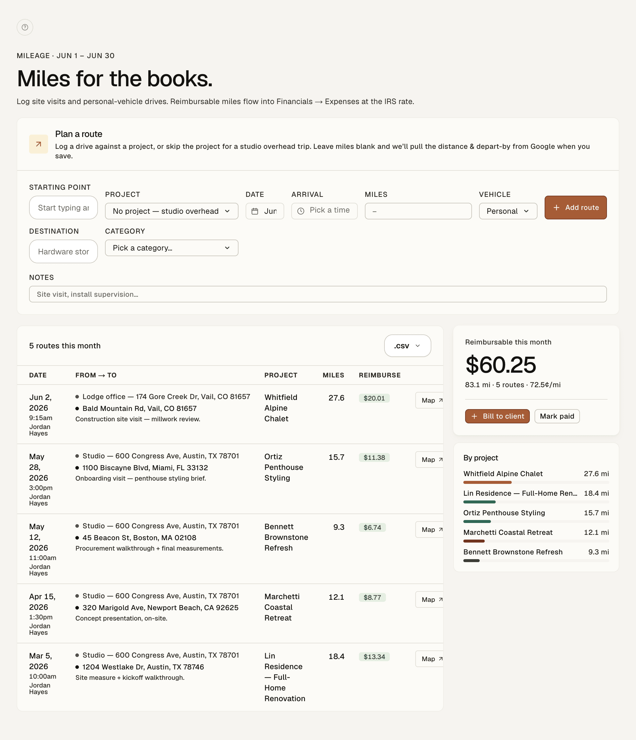 Studiohaus route planner logging studio drives with mileage totals booked to client projects